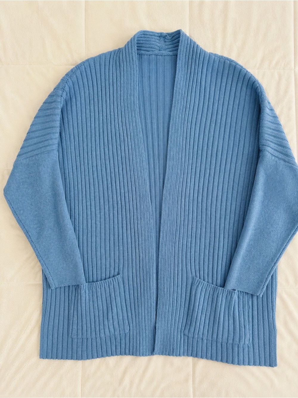 Pure Jill XLP Blue Ribbed Open Front Cardigan Yak Wool Blend Pocket Sweater